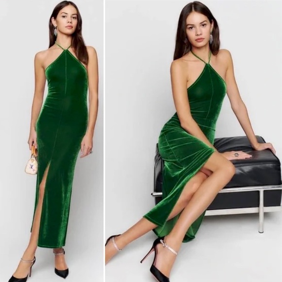 Reformation Dresses & Skirts - NWT Reformation Nyla Maxi Dress in Emerald Green Velvet Halter Neck Size M NEW